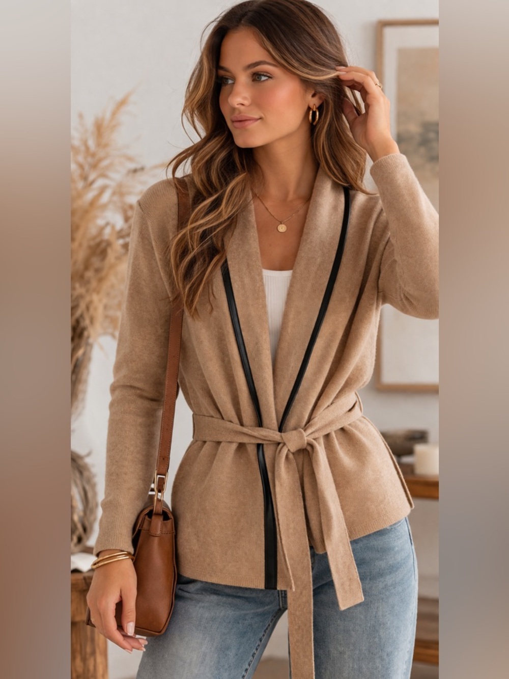 Ann Taylor LOFT Camel Cardigan Sweater Faux Leather Trim Belted Open Front L